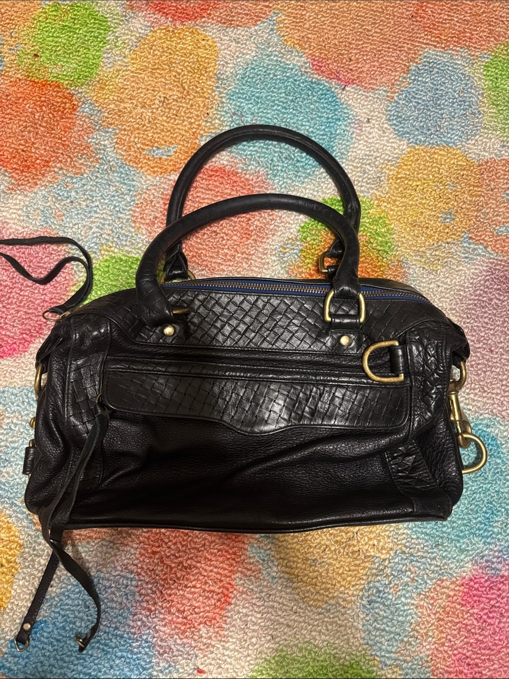 Rebecca Minkoff Black Woven-Panel Satchel with Gold Hardware